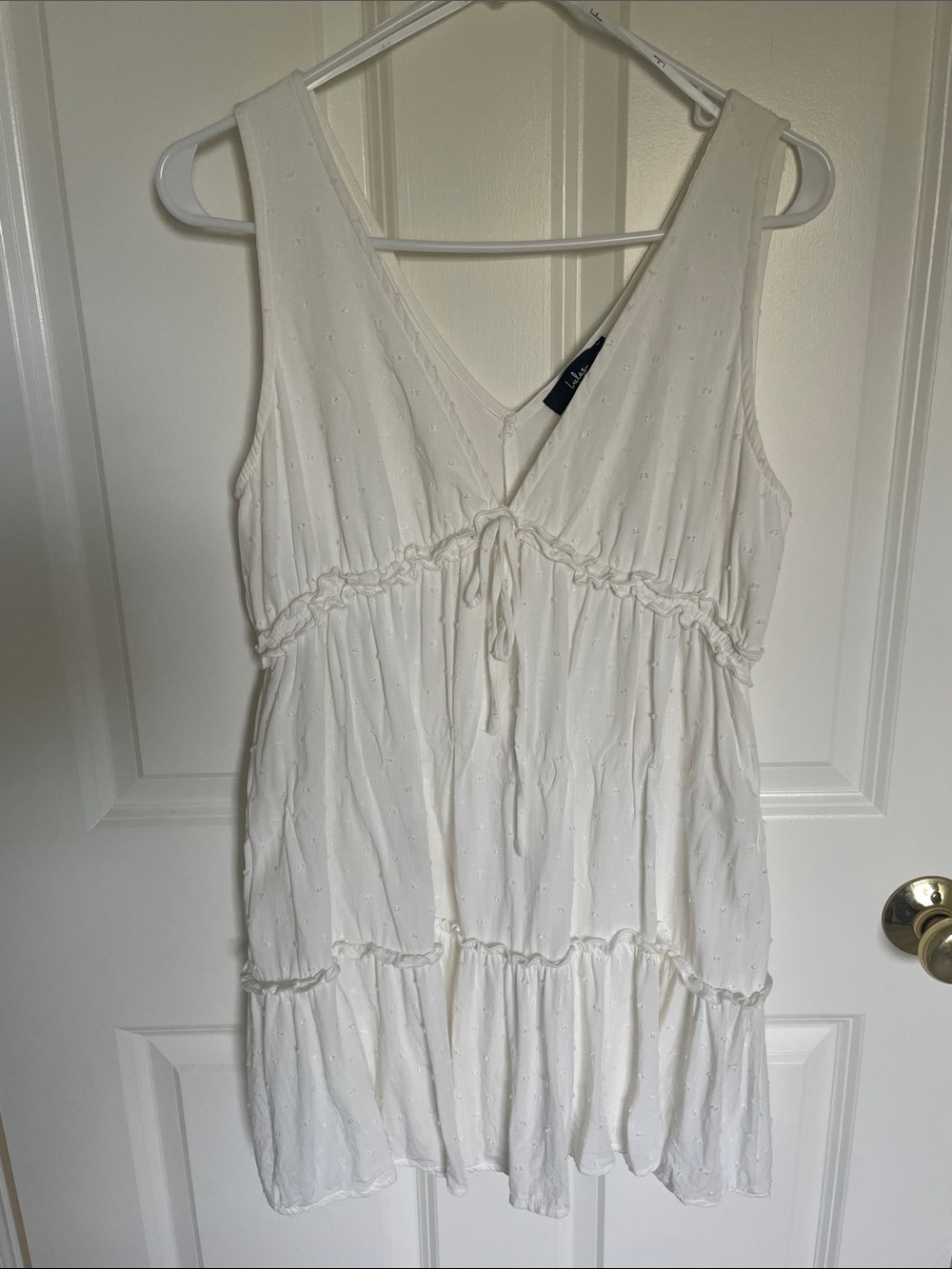 Lulu's White V-Neck Swiss dot ruffled Mini Dress